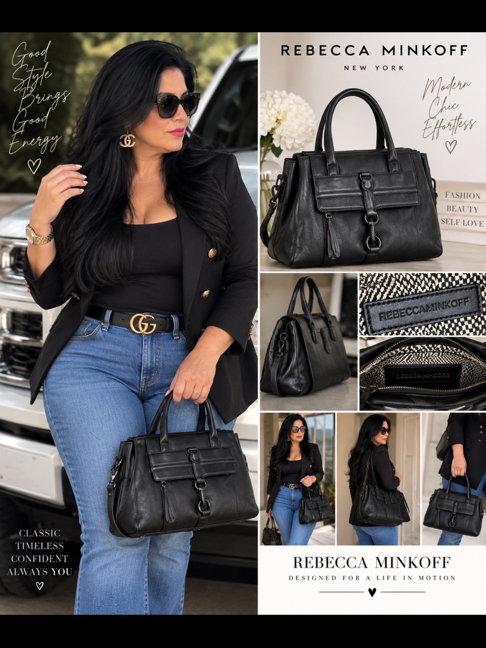 Rebecca Minkoff Black Leather Satchel with Front Buckle Detail